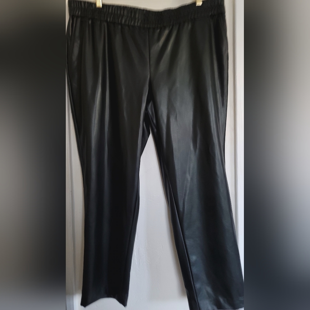 Anne Klein Pants Black Vegan Leather Pull-on Crop With Pocket Womens Size XL New